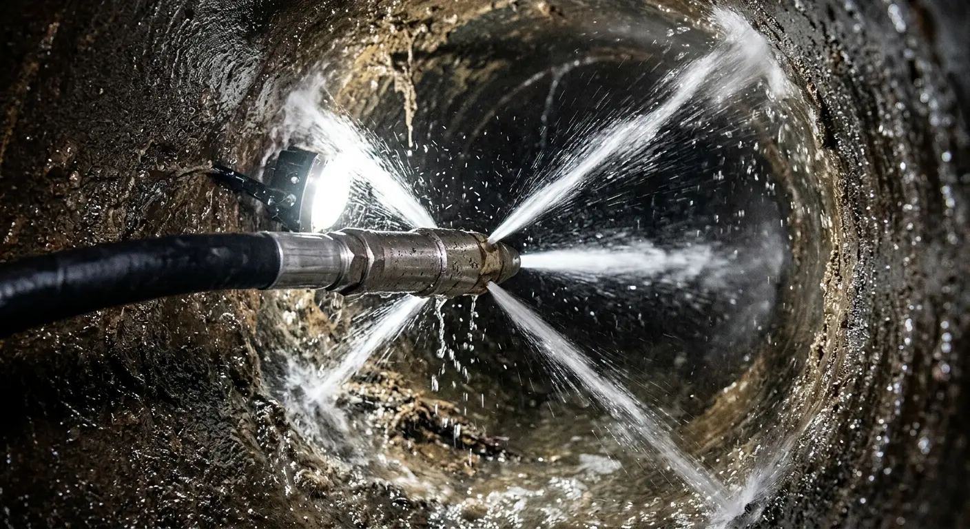 High-pressure hydro jetting nozzle cleaning sewer pipe for Emergency Drain Service in Helena